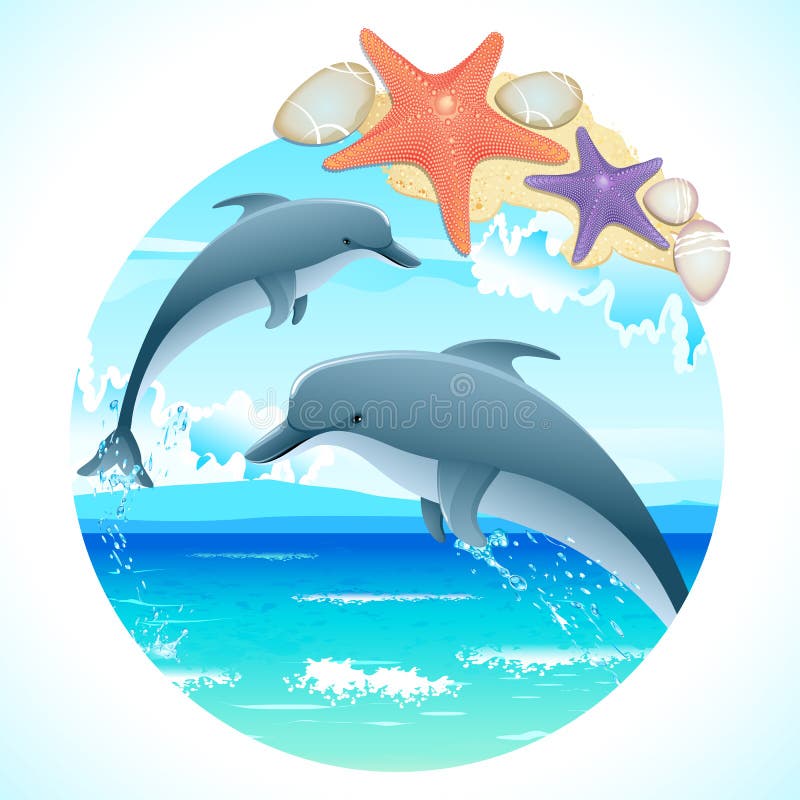 Illustration of pair of jumping dolphin in sea. Illustration of pair of jumping dolphin in sea