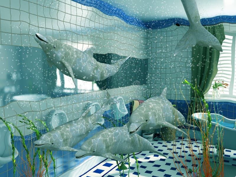The dolphins in bathroom interior (3D rendering). The dolphins in bathroom interior (3D rendering)