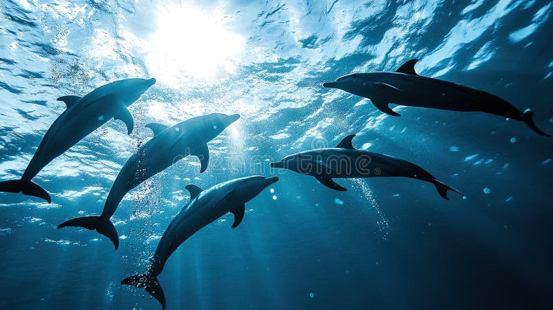 Dauphins nageant sous l'océan. Un groupe de dauphins nageant sous l'eau dans un océan bleu avec la lumière du soleil venant d'en haut. embrasser les compagnons de jeu océaniques où les dauphins curieux interagissent avec leur environnement sous-marin pour montrer leur intelligence et leur esprit ludique dans des profondeurs bleues vibrantes.