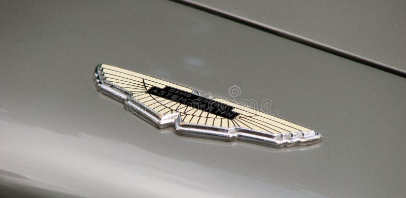 David Brown Aston Martin badge on the front of a grey DB5 used to make the James Bond films Goldfinger and Thunderball.