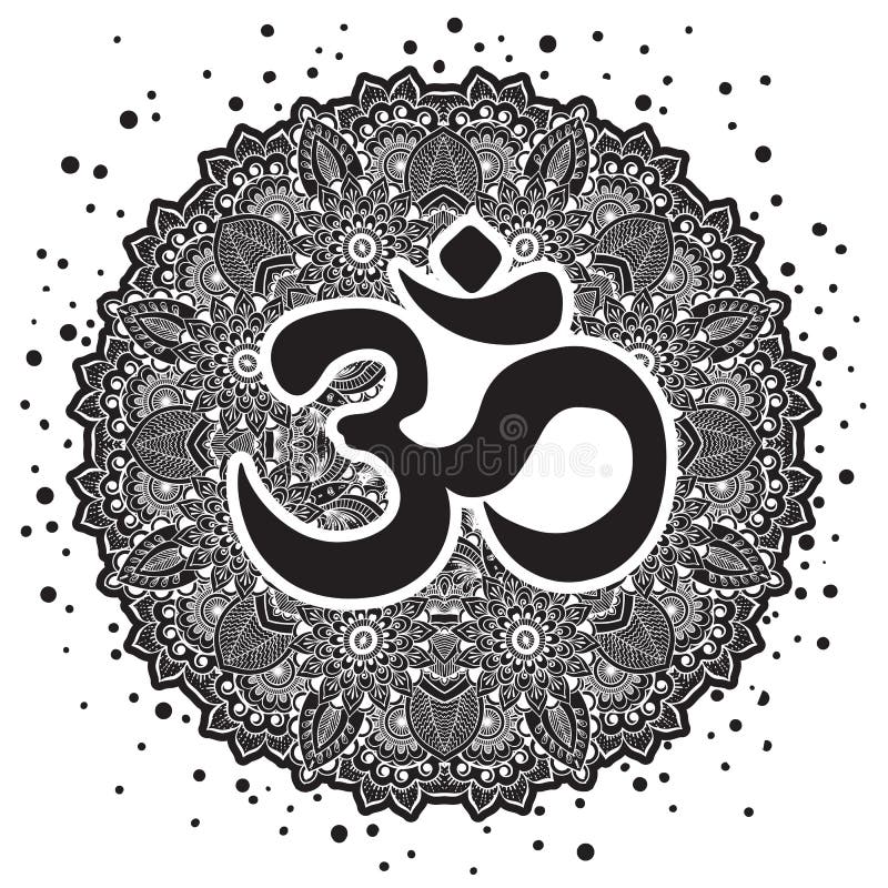 Dawali spiritual sign Om with high-detailed round Mandala. Black and white beautiful vector art. Print, tattoo element, yoga. stock illustration Dawali spiritual sign Om with high-detailed round Mandala. Black and white beautiful vector art. Print, tattoo element, yoga. stock illustration