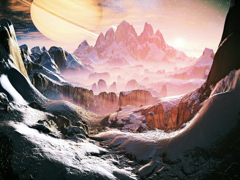 A new day over valley on distant world - still covered in winter snow tinged pink with morning light. A ringed planet is in orbit above. A new day over valley on distant world - still covered in winter snow tinged pink with morning light. A ringed planet is in orbit above.