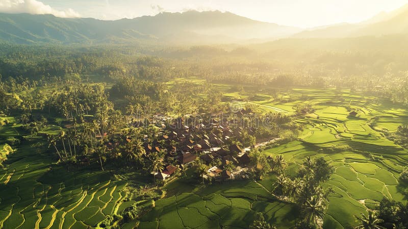 Dawn breaks over verdant rice paddies and far-off peaks. stock photography