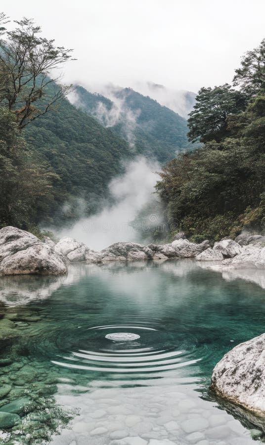 At dawn, a serene natural setting features a hot spring with steam rising over rocky edges, image stock photos