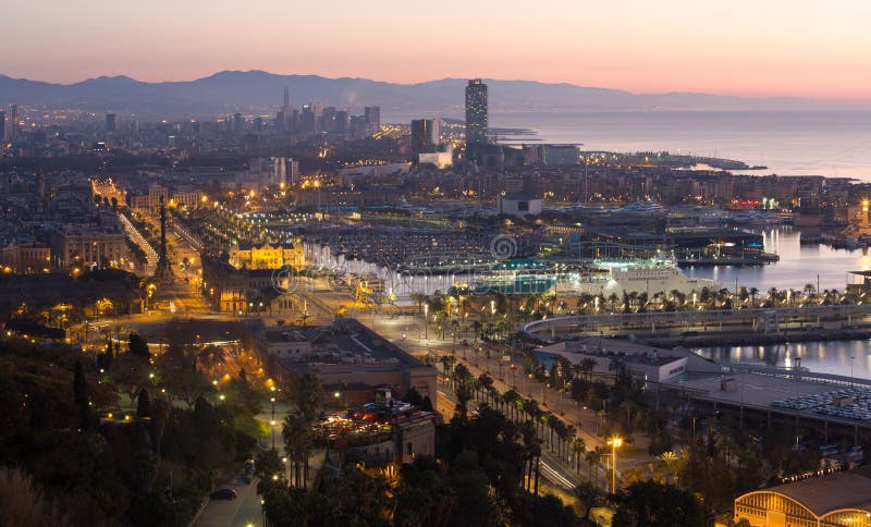 Dawn view of Barcelona from Mondjuic. Catalonia, Spain royalty free stock image Dawn view of Barcelona from Mondjuic. Catalonia, Spain royalty free stock image