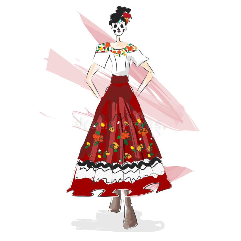 Day of the dead, Halloween fashion design illustration watercolor sketch. Mexican traditional dress and flower skull mask. stock illustration Day of the dead, Halloween fashion design illustration watercolor sketch. Mexican traditional dress and flower skull mask. stock illustration
