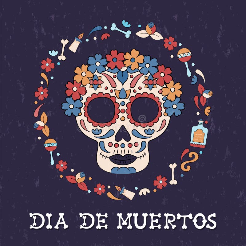 Day of the Dead Floral Sugar Skull Icon Spanish Card Stock Vector ...