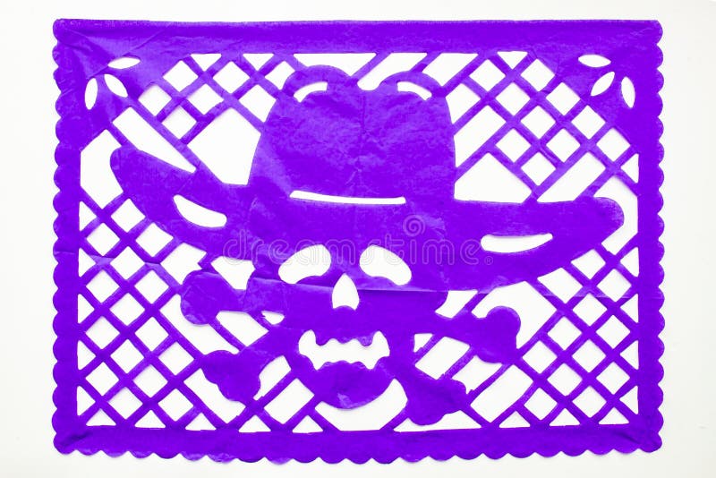 Day of the Dead, Papel Picado. Purple Real traditional Mexican paper cutting flag. Isolated on white background. Day of the Dead, Papel Picado. Purple Real traditional Mexican paper cutting flag. Isolated on white background