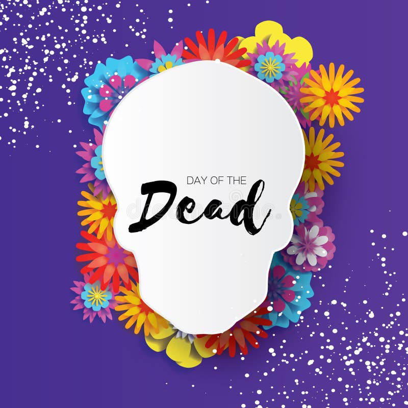 Day of the dead. Paper cut skull frame for text. Mexican celebration. Dia de muertos on purple. Origami cempasuchil stock illustration Day of the dead. Paper cut skull frame for text. Mexican celebration. Dia de muertos on purple. Origami cempasuchil stock illustration