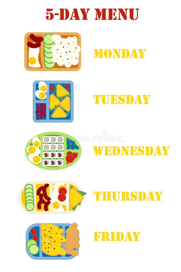 5-day menu. School lunch boxes set, isolated vector illustration. Snacks in plastic colorful containers with italian