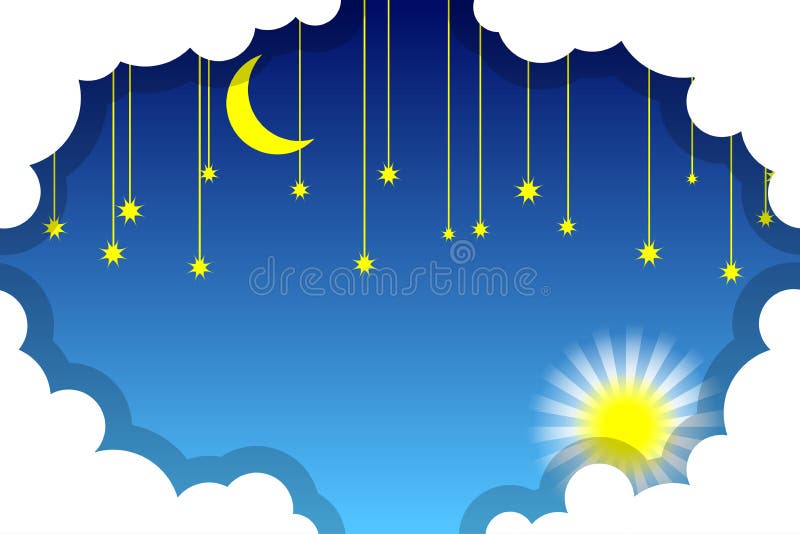 Day and Night Sky. White Clouds, Sun, Moon and Stars on a Blue Background  Stock Vector - Illustration of craft, blue: 164051604