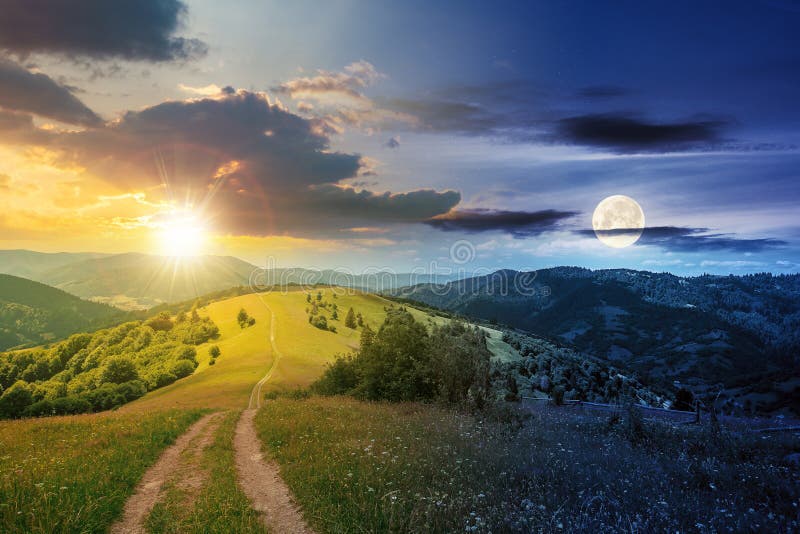 day and night time change concept above road through meadow in mountains