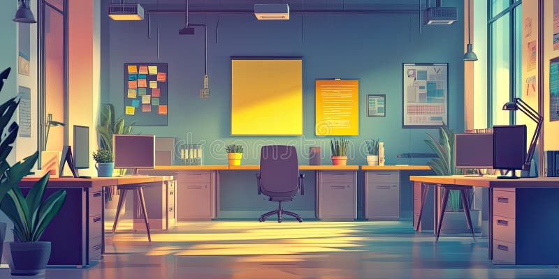 Daybreak at the Office: Sunlight streams through large windows vector illustration