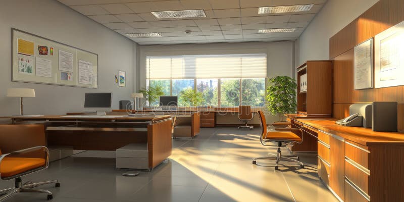 Daybreak at the Office: Sunlight streams through large windows stock illustration