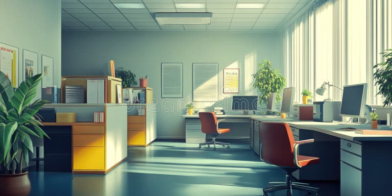 Daybreak at the Office: Sunlight streams through large windows stock illustration
