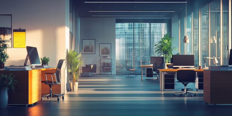 Daybreak at the Office: Sunlight streams through large windows vector illustration