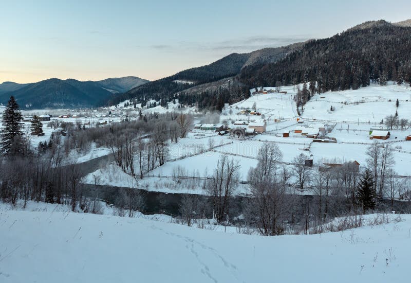 Daybreak winter Carpathian mountain village Zelene, Verkhovyna