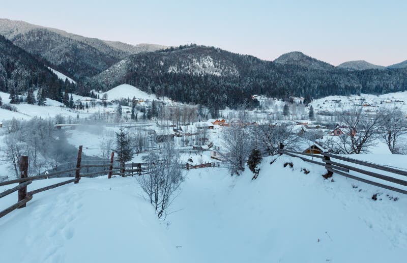 Daybreak winter Carpathian mountain village Zelene, Verkhovyna