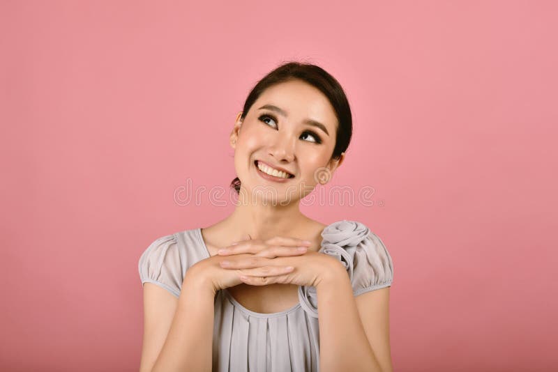 Daydreaming, Asian woman having big smile, Happy girl joy with her pleasure thought about future