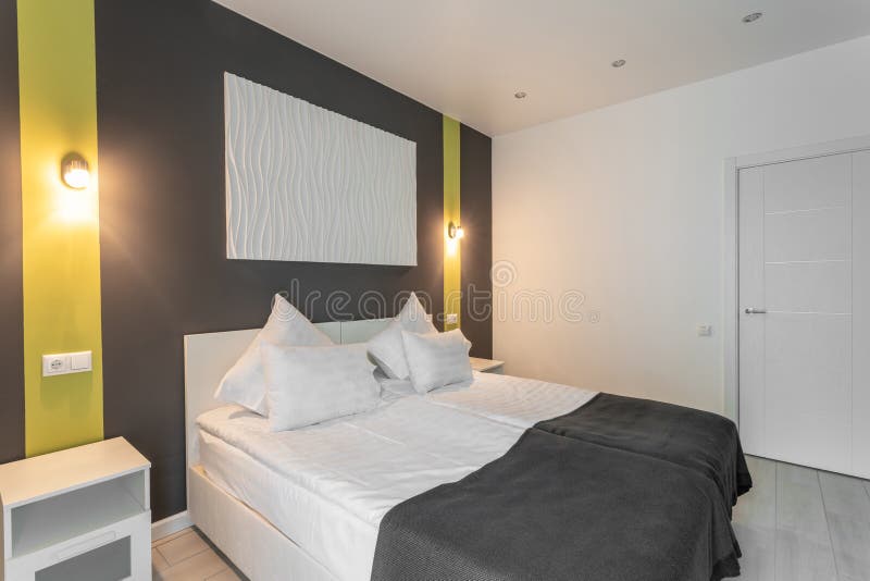 Daylight Morning. Hotel Standart Room. Modern Bedroom with White