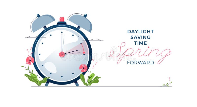 Daylight Saving Time banner. The clocks moves forward one hour. Spring clock changes concept. Modern flat design