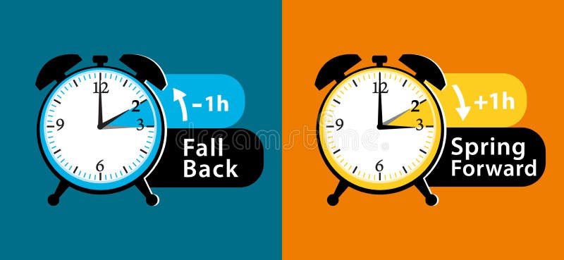 Daylight saving time date question. Colorful winter time and summer time alarm clocks set. Fall back and spring forward.
