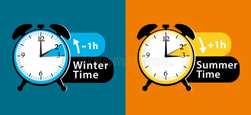 Daylight saving time date question. Colorful winter time and summer time alarm clocks set. Colorful illustration. vector illustration