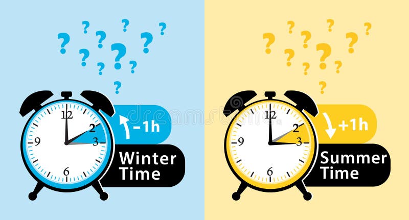 Daylight saving time date question. Summer time and winter time alarm clocks. Fall back and spring forward. royalty free illustration
