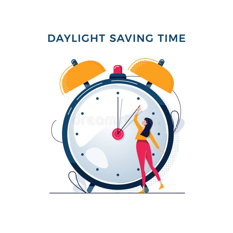 Daylight saving time illustration. Young woman turns the hand of the clock. Turning to winter or summer time, alarm