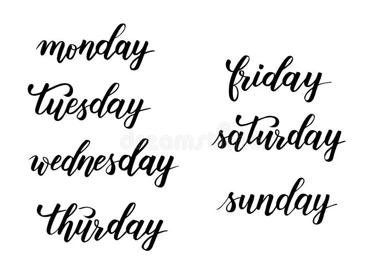 7 days, Sunday, Monday, Tuesday, Wednesday, Thursday, Friday, Saturday on  the white background with little flowers, hand-written, font style,  lettering, calligraphy Stock Vector