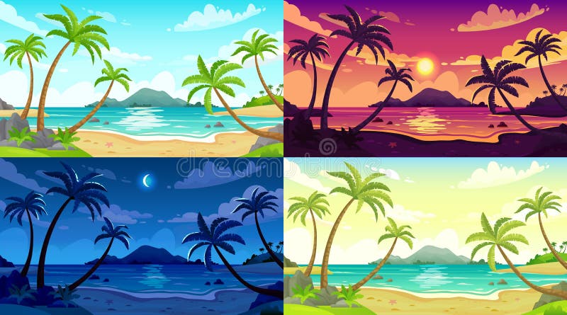 Daytime beach landscape. Sunny day seascape, night ocean and sunset beach cartoon vector illustration set.