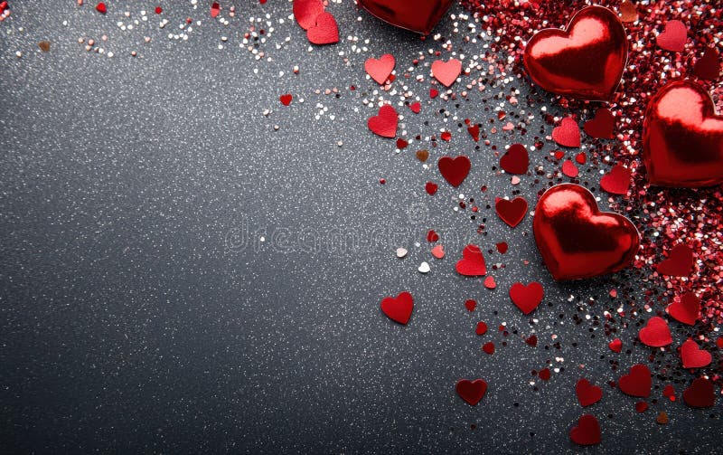 A dazzling array of hearts glimmers atop a dark canvas, surrounded by a playful sprinkle of red and silver confetti, celebrating stock illustration