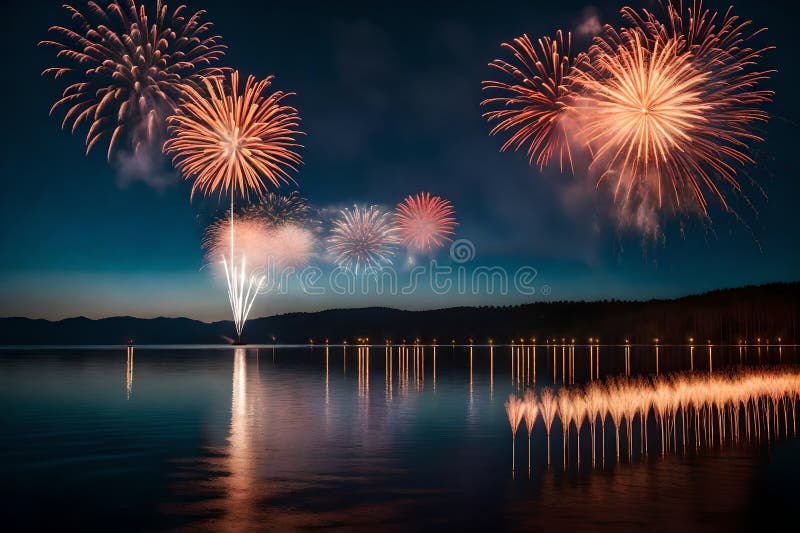 A dazzling fireworks display lighting up the night sky over a serene lake on New Year's Eve..