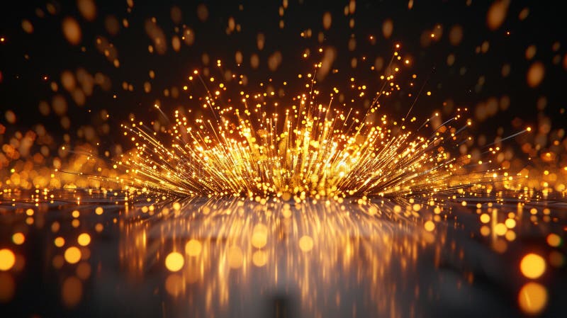 Dazzling goldene Funken brechen strahlend Licht zeigen dynamische Energie zelebrierende Feuerwerke abstrakte Kunst hell Barke Effe. Eine atemberaubende Anzeige goldener Funken explodiert vor einer dunklen Kulisse. Das strahlende Licht schafft eine dynamische und fröhliche Stimmung. Bokeh Effekte verstärken das magische energetische Gefühl.
