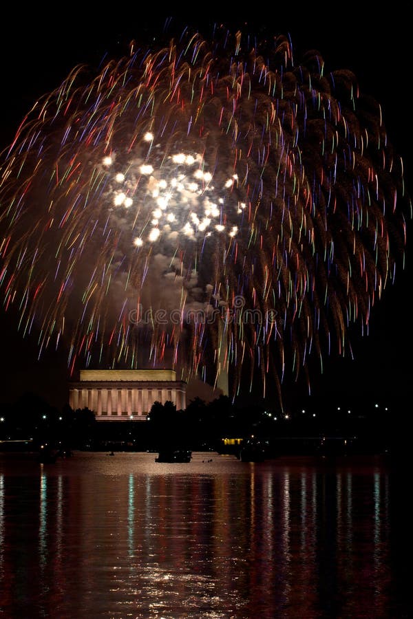 Washington DC fireworks over the Potomac River with view of Lincoln Memorial and Washington Monument