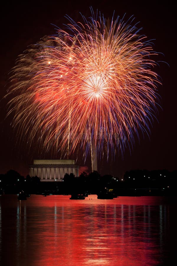 Washington DC fireworks over the Potomac River with view of Lincoln Memorial and Washington Monument