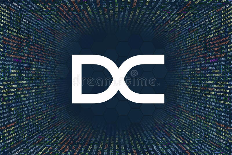 像样,DCT加密货币符号。来自计算机程序代码的隧道。程序员代码字符串,Javascript,CSS和PHP 库存照片