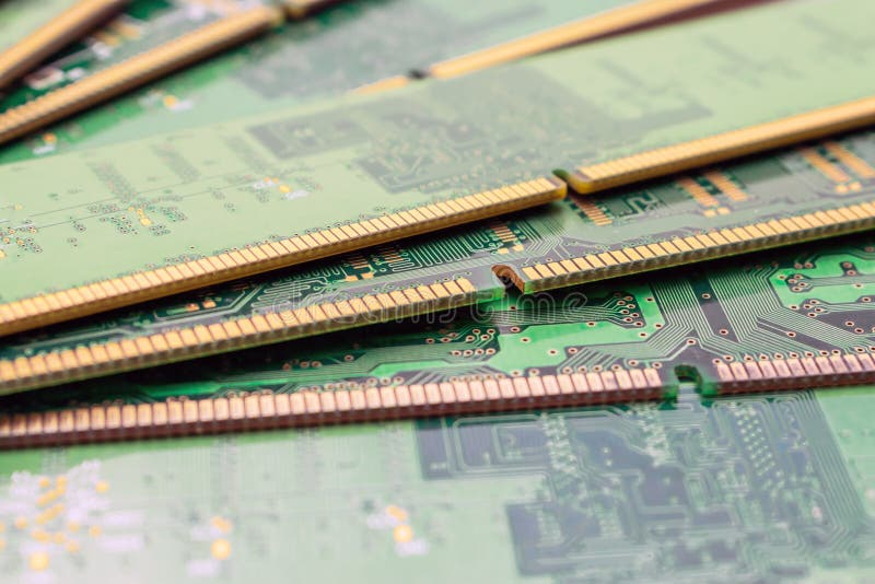 Ddr and sdram main storage are each other. Many random access memory is a close up. Computer technology background. A bunch of royalty free stock photo.