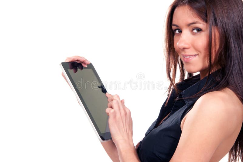 De aanrakingen die van de vrouw het digitale stootkussen van de tabletaanraking typen stock afbeelding De aanrakingen die van de vrouw het digitale stootkussen van de tabletaanraking typen stock afbeelding