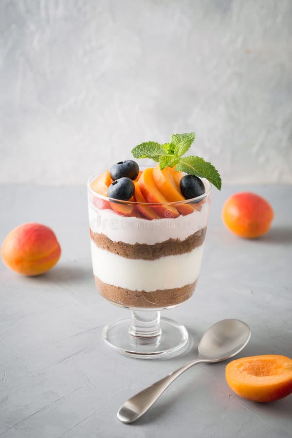 De abrikozenkleinigheid, chocoladekoekje, bracht aanin lagen dessert met verse bes en zachte roomkaas royalty-vrije stock afbeeldingen De abrikozenkleinigheid, chocoladekoekje, bracht aanin lagen dessert met verse bes en zachte roomkaas royalty-vrije stock afbeeldingen