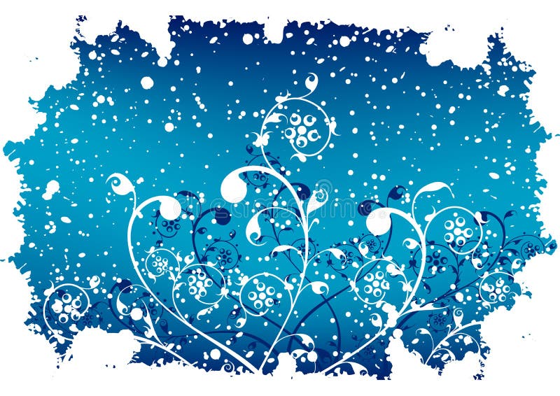 De abstracte achtergrond van de grungewinter met vlokken en bloemen in blu vector illustratie De abstracte achtergrond van de grungewinter met vlokken en bloemen in blu vector illustratie