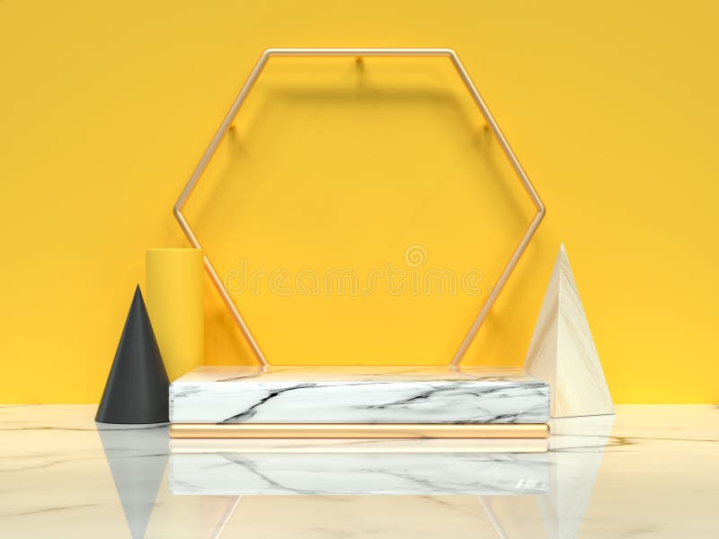 de abstracte 3d scène maakt gele muur witte marmeren vloergroep geometrisch vormstilleven royalty-vrije illustratie de abstracte 3d scène maakt gele muur witte marmeren vloergroep geometrisch vormstilleven royalty-vrije illustratie