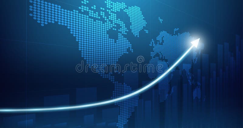 De abstracte financiële grafiek met groot scherm met uptrend de grafiek van de lijnpijl en de wereld brengen op blauwe kleurenach stock afbeelding De abstracte financiële grafiek met groot scherm met uptrend de grafiek van de lijnpijl en de wereld brengen op blauwe kleurenach stock afbeelding
