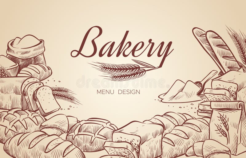 De achtergrond van de bakkerij Bakt het hand getrokken kokende gebakje van het ongezuurde broodjebroden van de broodbakkerij ontw royalty-vrije illustratie De achtergrond van de bakkerij Bakt het hand getrokken kokende gebakje van het ongezuurde broodjebroden van de broodbakkerij ontw royalty-vrije illustratie
