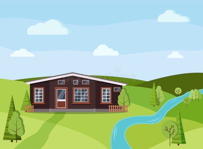 De achtergrond van de het landschapsaard van de de zomerdag met houten landelijk het landbouwbedrijfhuis van het land stock illustratie De achtergrond van de het landschapsaard van de de zomerdag met houten landelijk het landbouwbedrijfhuis van het land stock illustratie