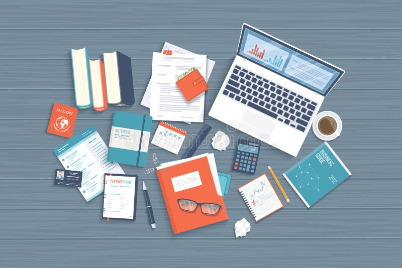 De achtergrond van de werkplaatsdesktop Hoogste mening van laptop, boeken, omslag met documenten, blocnote, beurs, kalender op ee stock illustratie De achtergrond van de werkplaatsdesktop Hoogste mening van laptop, boeken, omslag met documenten, blocnote, beurs, kalender op ee stock illustratie