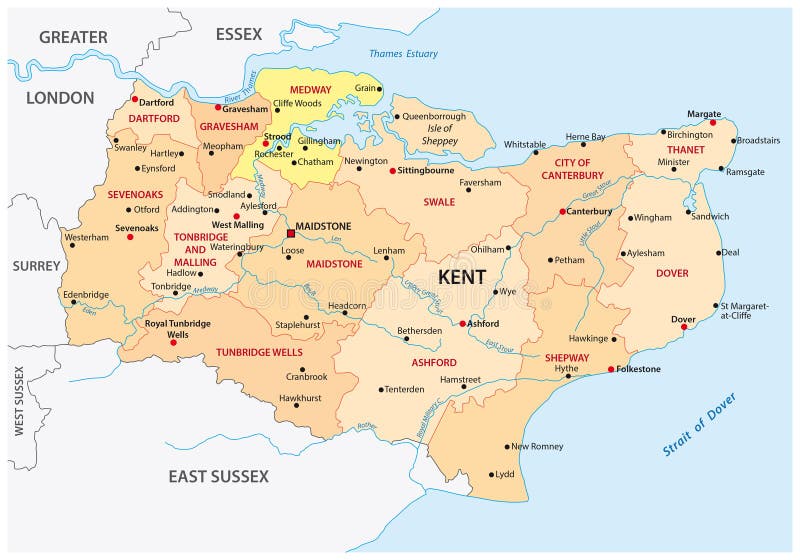 De administratieve kaart van de provincie van Kent vector illustratie De administratieve kaart van de provincie van Kent vector illustratie