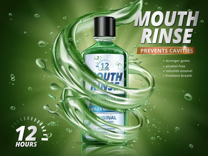 Mouth rinse ads, refreshing mouthwash product with splashing aqua elements and water drops in 3d illustration, green background. Mouth rinse ads, refreshing mouthwash product with splashing aqua elements and water drops in 3d illustration, green background