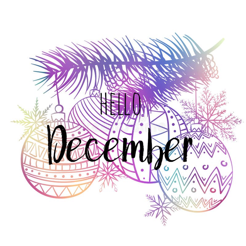De affiche van Hello December met snowlakes, Kerstmis roys en boom Motievendruk voor kalender, zweefvliegtuig, uitnodigingskaarte