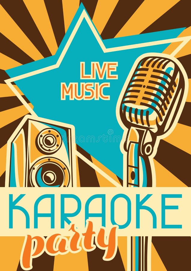 De affiche van de karaokepartij De banner van de muziekgebeurtenis Illustratie met microfoon en akoestiek in retro stijl